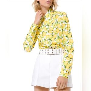 Michael Kors Collection Lemon Print Button Down 100% Cotton Collared Shirt Sz 2